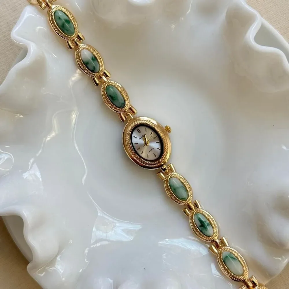y2k cute gold round stainless steel quartz green stone charm watch